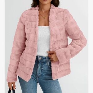 Automet Women’s Pink Faux Fur Open‎ Front Long Sleeve Jacket Fuzzy Soft Med NWOT
